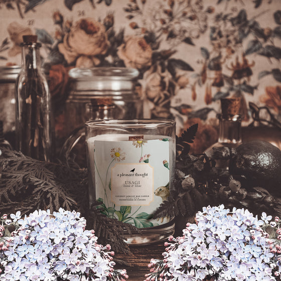 usagi lime and lilac coconut apricot wax candle in a classic, clear glass votive with a wooden wick notes