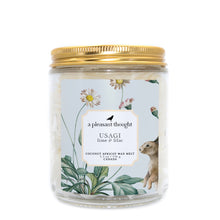  usagi lime and lilac Scoopable coconut apricot wax melt whipped into a clear glass jar with a gold lid and spoon a pleasant thought