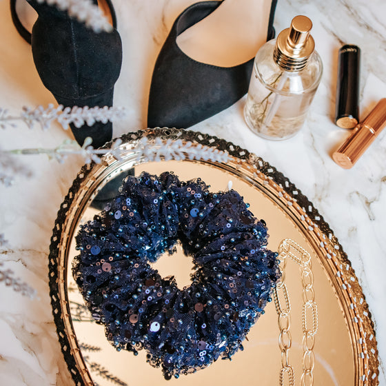 navy blue tulle and sequin formal scrunchie vanity