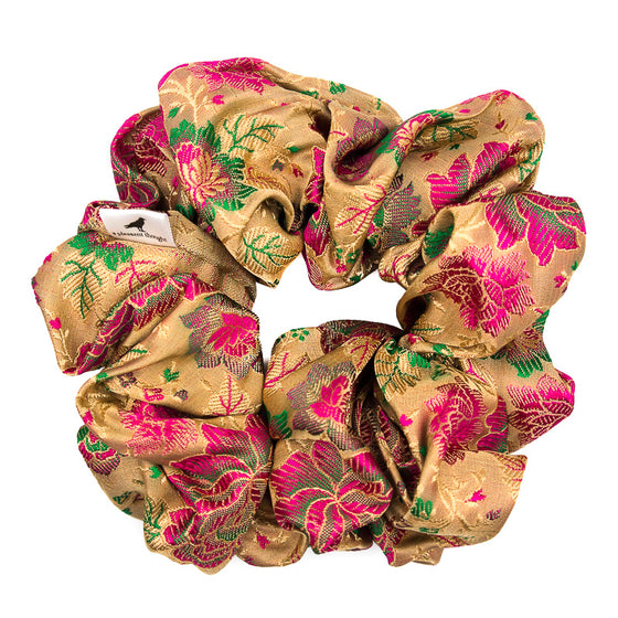 pink and gold silk saree scrunchie a pleasant thought