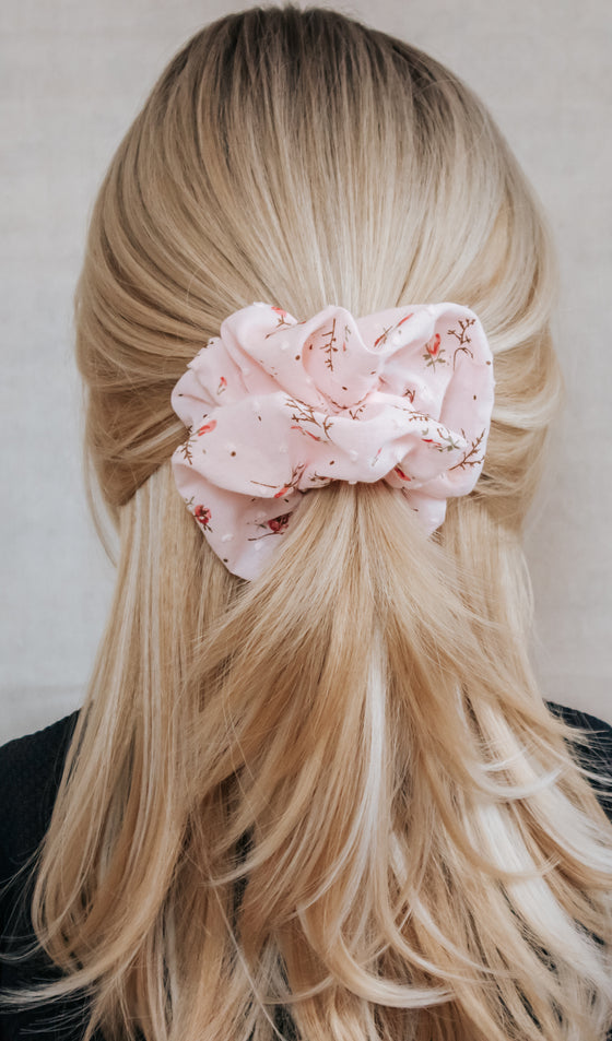 pink floral cotton scrunchie blonde