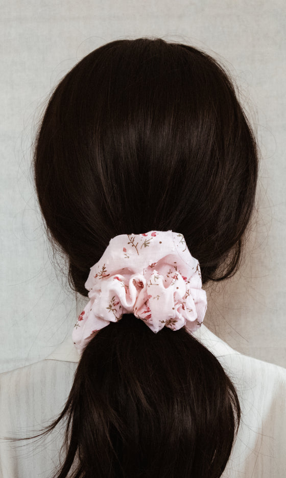 pink floral cotton scrunchie brunette