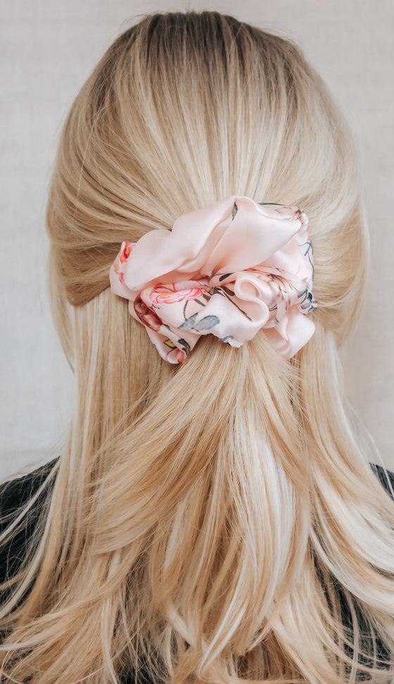 pink floral satin scrunchie blonde