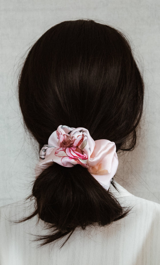 pink floral satin scrunchie brunette
