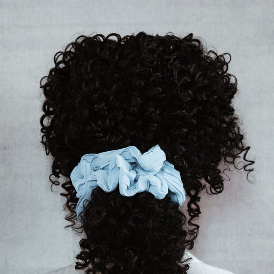 pleated blue chiffon scrunchie brunette
