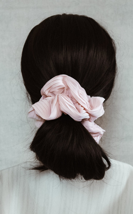 pleated pink chiffon scrunchie brunette