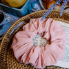 pleated pink chiffon scrunchie  close