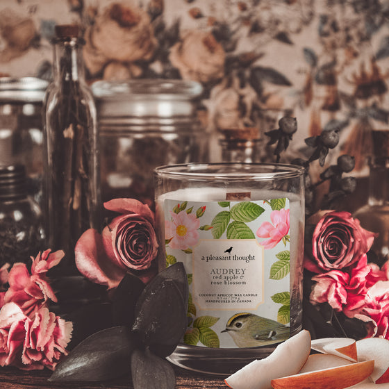 audrey red apple and rose blossom coconut apricot wax candle in a classic, clear glass votive with a wooden wick  notes