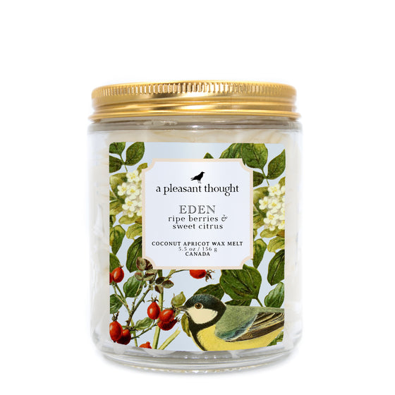 eden ripe berries and sweet citrus Scoopable coconut apricot wax melt whipped into a clear glass jar with a gold lid and spoon a pleasant thought