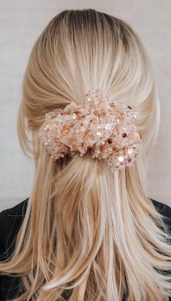 rose gold tulle and sequin formal scrunchie blonde