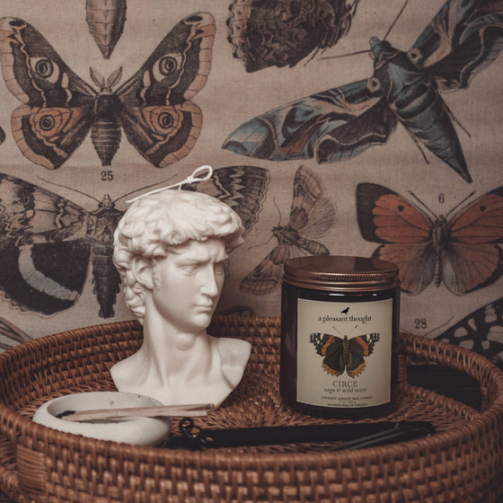 circe sage and wild mint coconut apricot wax candle in an amber glass jar with a wooden wick and lid display