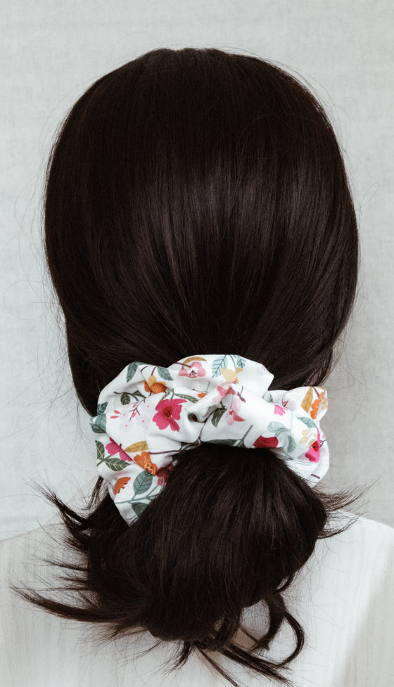 vibrant flower cotton scrunchie brunette