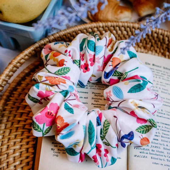 vibrant flower cotton scrunchie close