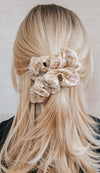 white silk saree scrunchie blonde hair