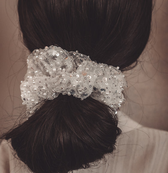 white tulle and sequin bridal scrunchie brunette