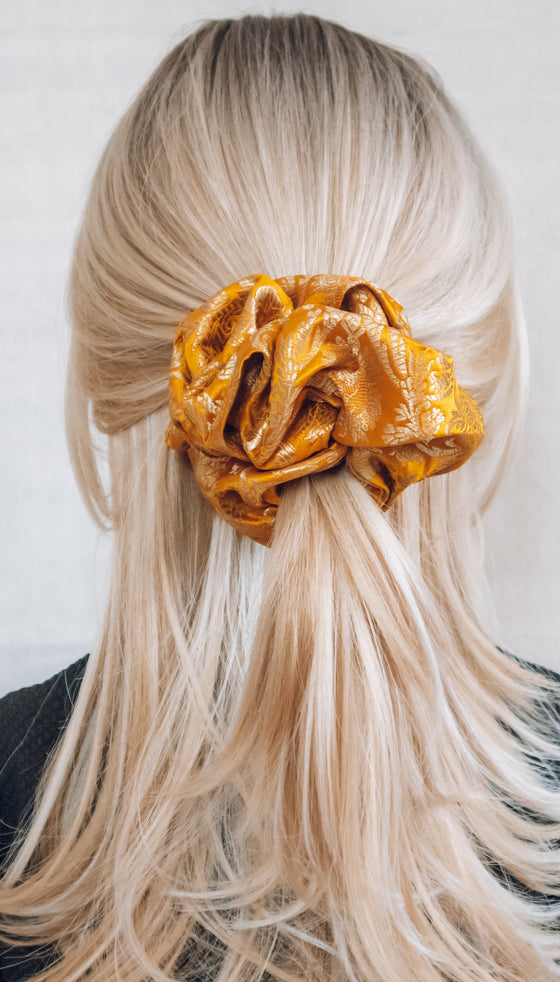 yellow silk saree scrunchie blonde